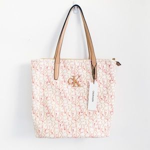 Calvin Klein Pink Cream Monogram Tote with Tan Handles